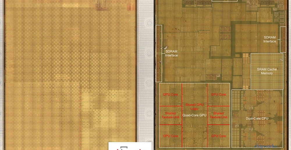 Rez čipom Apple A8. Horná vrstva operačnej pamäte vľavo, spodná vrstva s CPU a GPU vpravo (Autor: Chipworks)