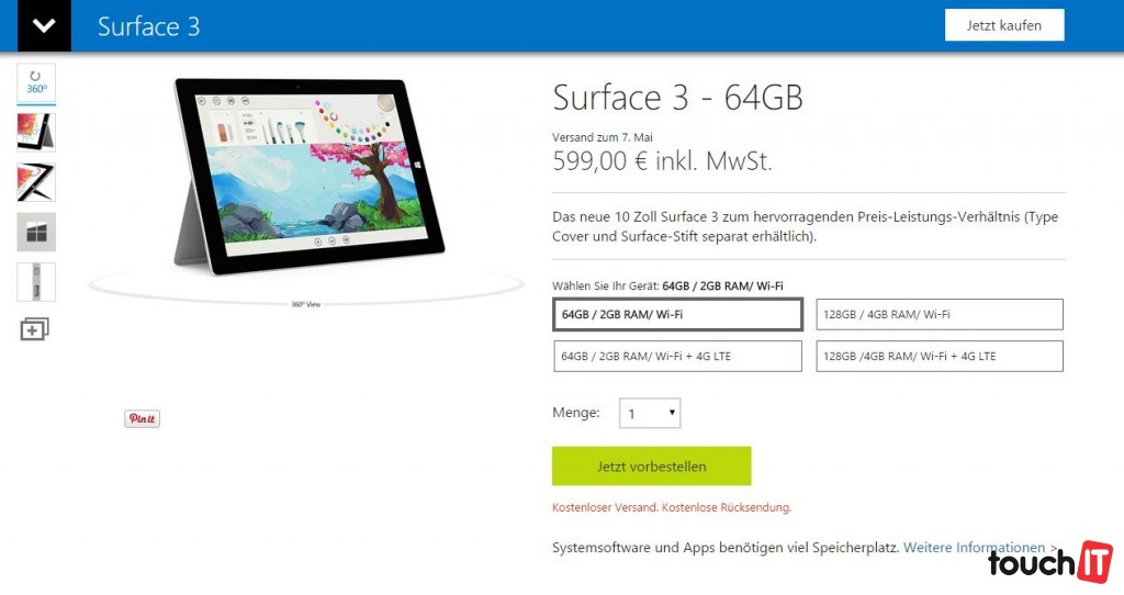 Surface 3 bude v Európe dostupný za 599 / 719 EUR a príde v máji. Ceny LTE modelu sú neznáme