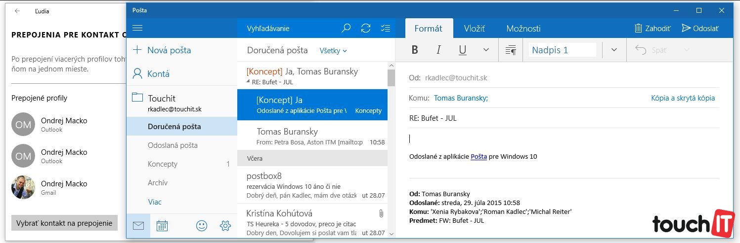 Aplikácia Pošta a Ľudia. Pošta je krajšia a prehľadnejšia v porovnaní s verziou pre Windows 8. Aplikáciu aktívne používame a páči sa nám. Pár výhrad však máme
