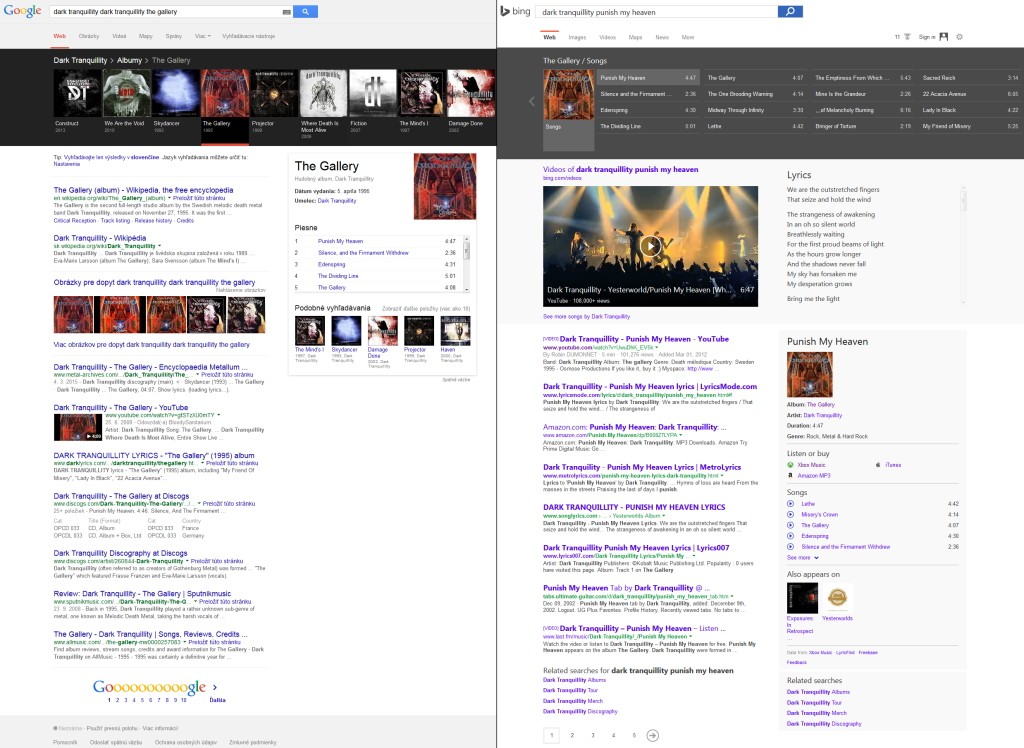 Porovnanie zobrazenia skladby hudobnej kapely. Bing (vpravo) nielenže zobrazí prehľadne obsah albumu, ale ukáže aj video vybranej skladby vrátane jej textu a ponúkne zakúpenie celého albumu