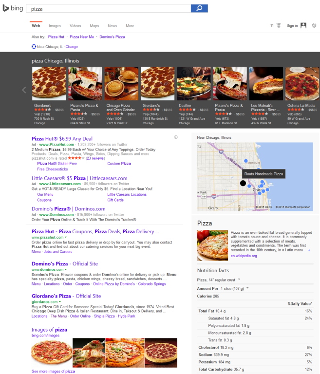 Vyhľadanie jedla v Bingu spustí agregáciu nielen nutričných hodnôt, ale aj relevantných reštaurácii v okolí, ich recenzií, fotografií a otváracích hodín