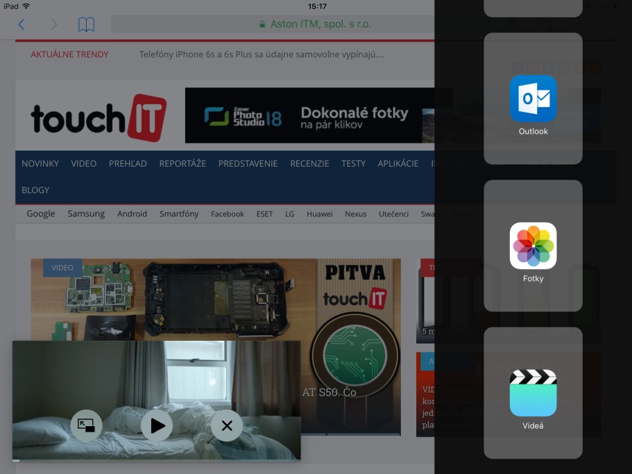 Multitasking v iOS 9. Všimnite si bočný panel s aktívnou aplikáciou. Do pozornosti dávame aj videoprehrávač v režime obraz v obraze