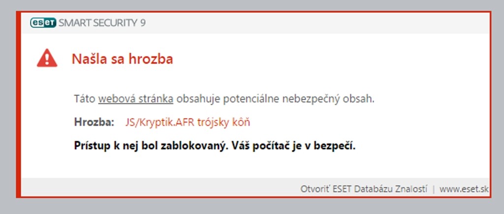 Informácia zobrazená v prehliadači pri rozpoznaní hrozby z webu