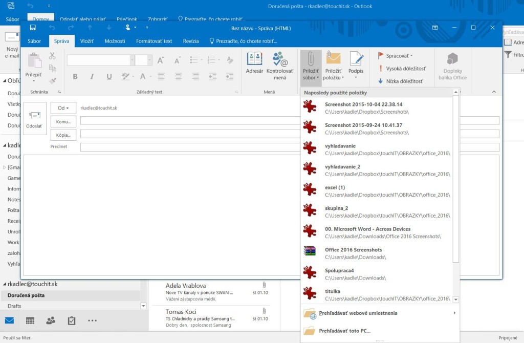Outlook 2016 potešil integráciou posledných použitých súborov. Drobnosť, ktorá urýchli prácu