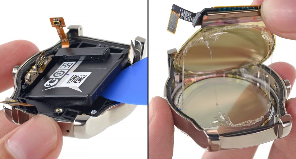 ⑦ – Po odobratí základnej dosky je možné z hodiniek LG Watch Urbane vybrať batériu, pod ktorou sa už nachádza kruhový OLED displej