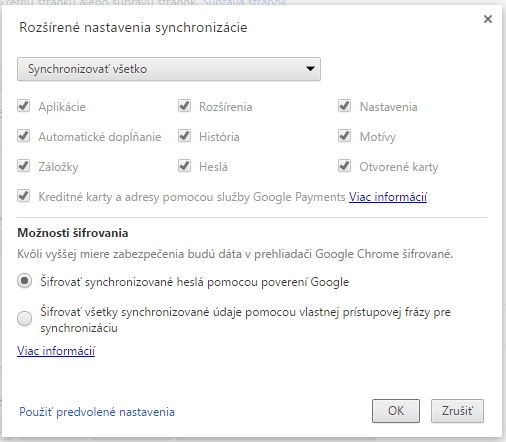 Možnosti synchronizácie Chrome