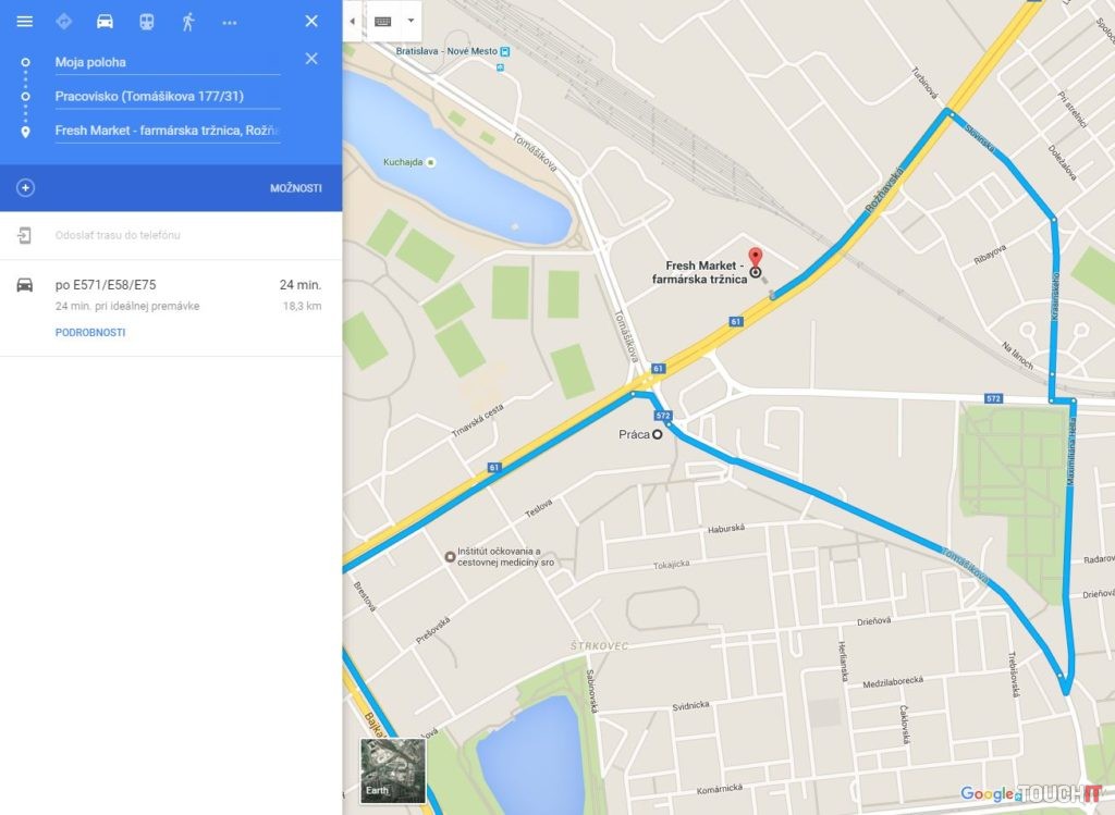 Webové rozhranie služby Mapy Google. Všimnite si tlačidlo +, pomocou ktorého môžete pridávať ďalšie miesta na vašej trase