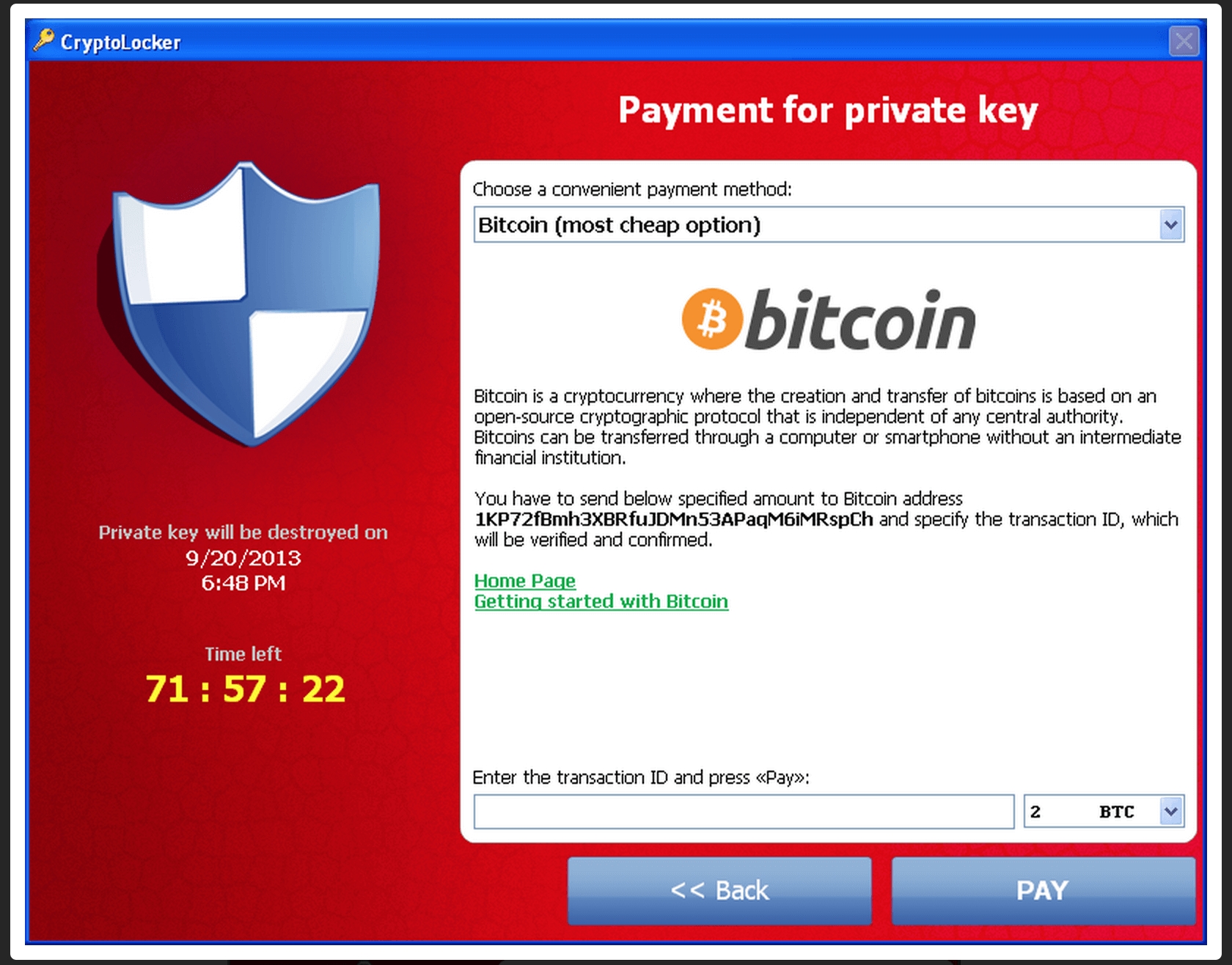Žiadosť o výkupné v úspešnom ransomvéri CryptoLocker z rokov 2013/2014 