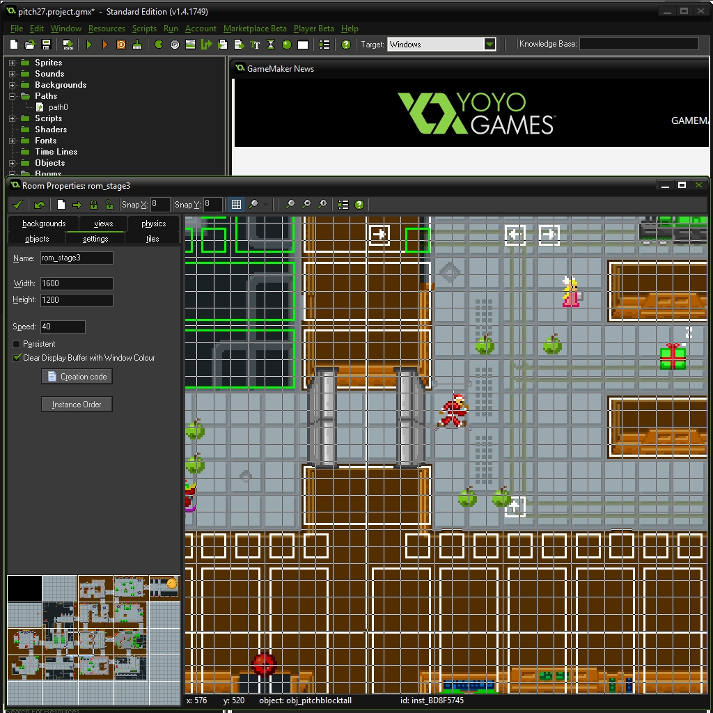 Game Maker so zobrazením editora hracej plochy označovanej ako Room