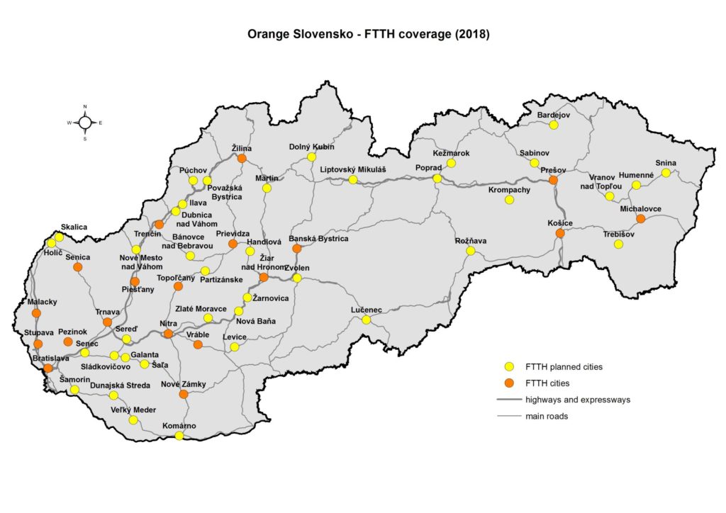 Mapa s lokalitami, ktoré Orange optikou dnes pokrýva (oranžové bodky) a ktoré plánuje pokryť (žlté bodky) do roku 2018