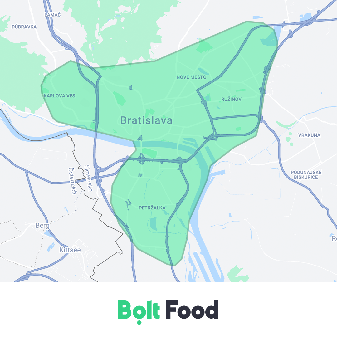 Aktuálna mapa pokrytia Bratislavy službou Bolt Food