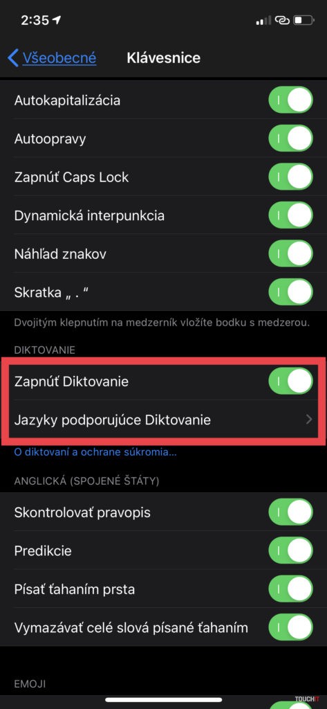 iOS diktovanie