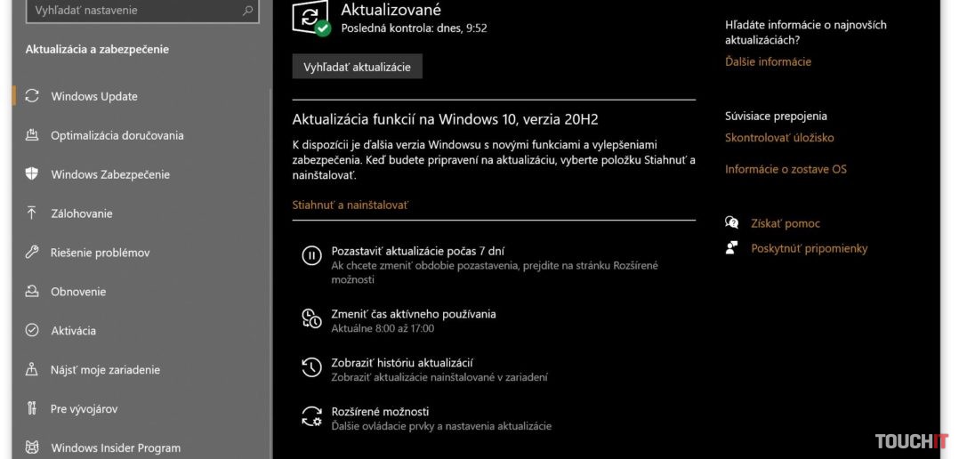 Windows 10 October Update 2020 prostredníctvom funkcie Windows Update