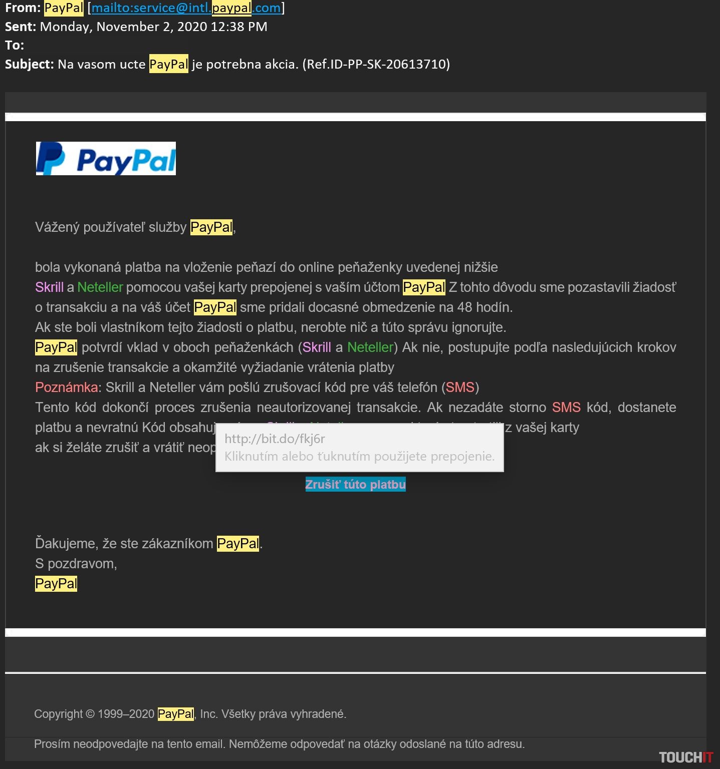 Podvodný email v mene PayPal