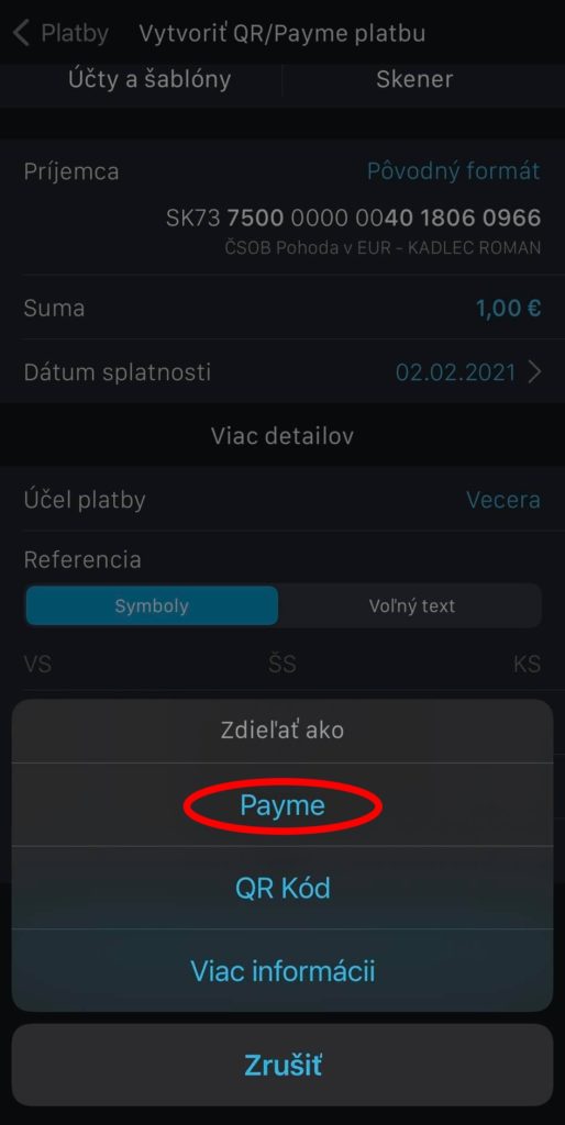 Zadanie platby ČSOB