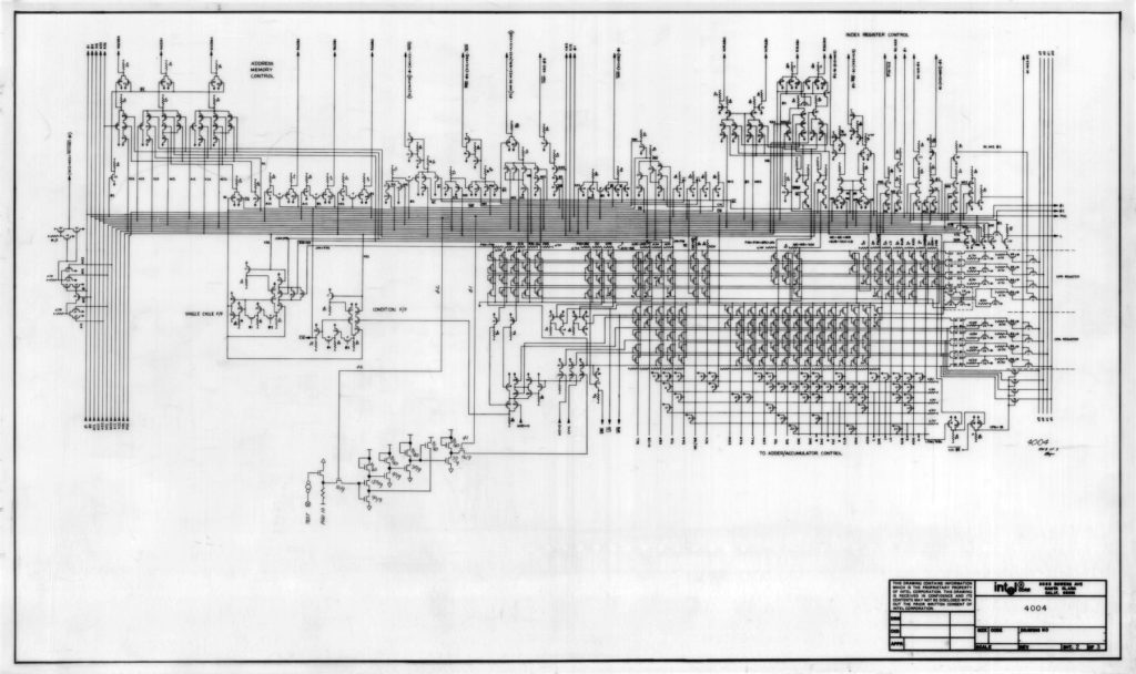 Ručne nakreslená schéma logiky prvého procesora Intel 4004 z roku 1971