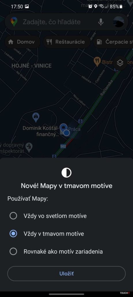Google Mapy Tmavý motív