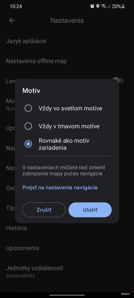 Google Mapy Tmavý motív