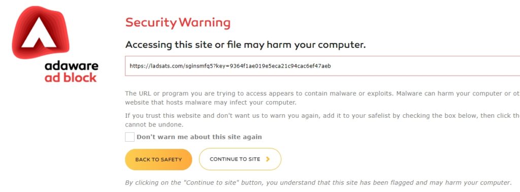 Riziková stránka, na ktorú upozorňuje bezpečnostný doplnok AdAware v prehliadači