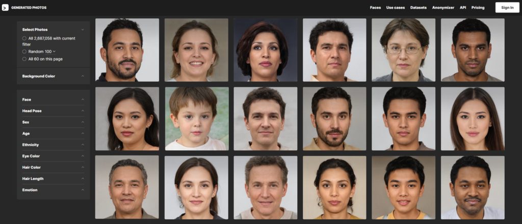 Výber syntetických tvárí na základe rasy, veku či farby očí na stránke https://generated.photos/