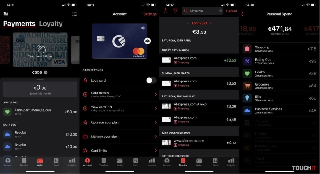 Aplikácia Curve. Všimnite si nastavenie kariet, správu vašej Curve karty, históriu platieb s vyhľadávaním a analýzu míňania