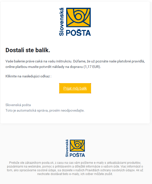 Jedna z podôb podvodných e-mailov, vydávajúcich sa za správy od Slovenskej pošty
