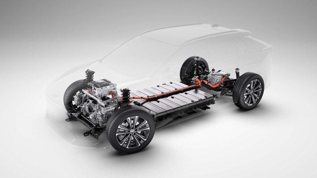 Rozloženie elektrických motorov a batérie v prípade novinky Toyota bZ4X