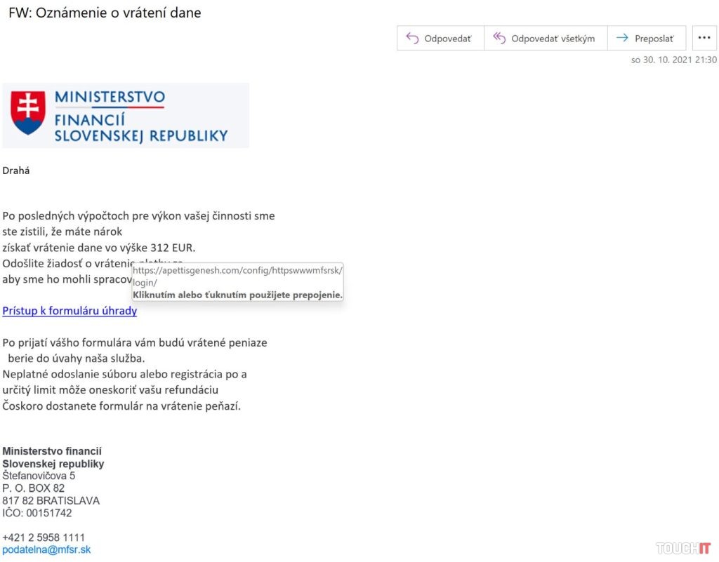 Podvodný email, ktorý sa tvári, že ho poslalo Ministerstvo financií Slovenskej republiky