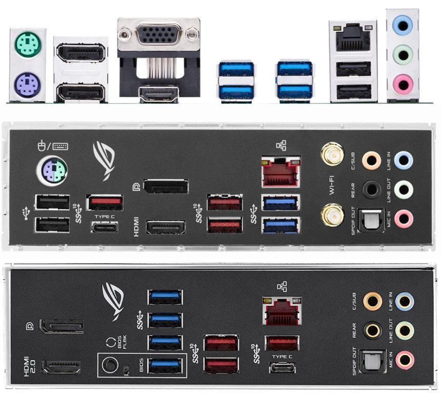 Rôzne typy zadných panelov základných dosiek a ich variabilita typov USB portov