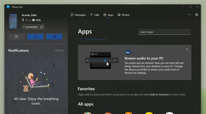 Windows 11 Phone Link, Prepojenie s Windows, stream