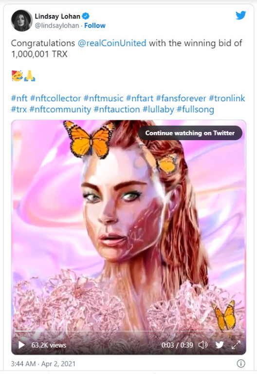Lindsay Lohan gratuluje fanúšikovi k nákupu NFT