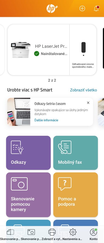 Rozhranie aplikácie HP Smart