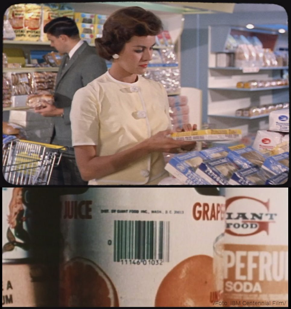 Žena nakupuje v supermarkete na začiatku 70. rokov minulého storočia, spolu s detailom raného čiarového kódu