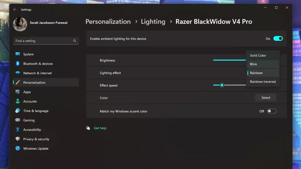 windows11 rgb light okno nastavenia