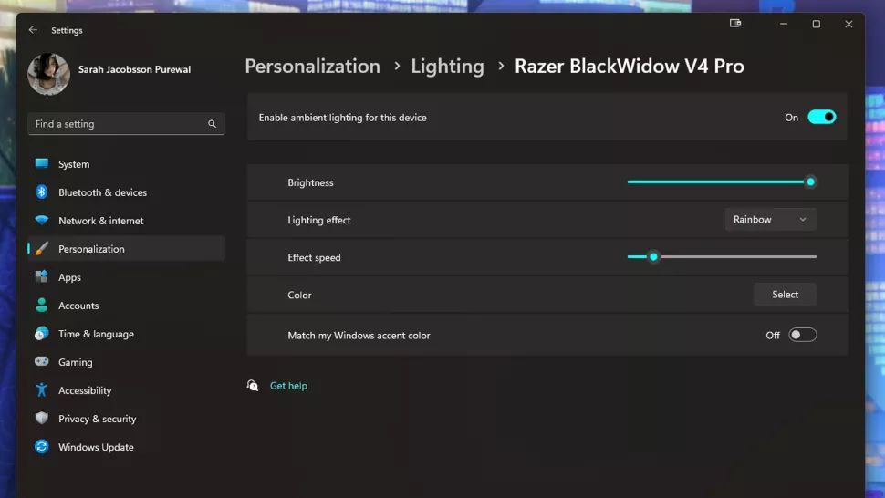windows11 rgb light okno nastavenia