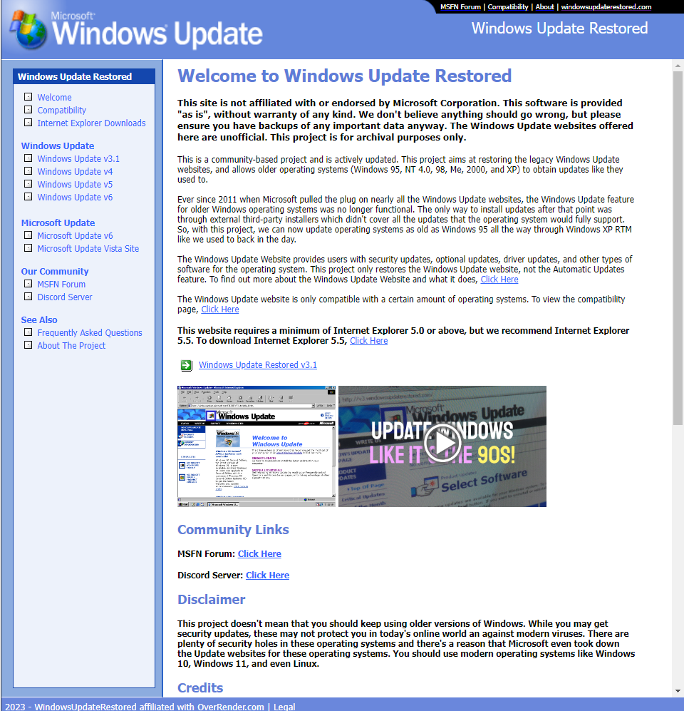 stránka Windows update restored
