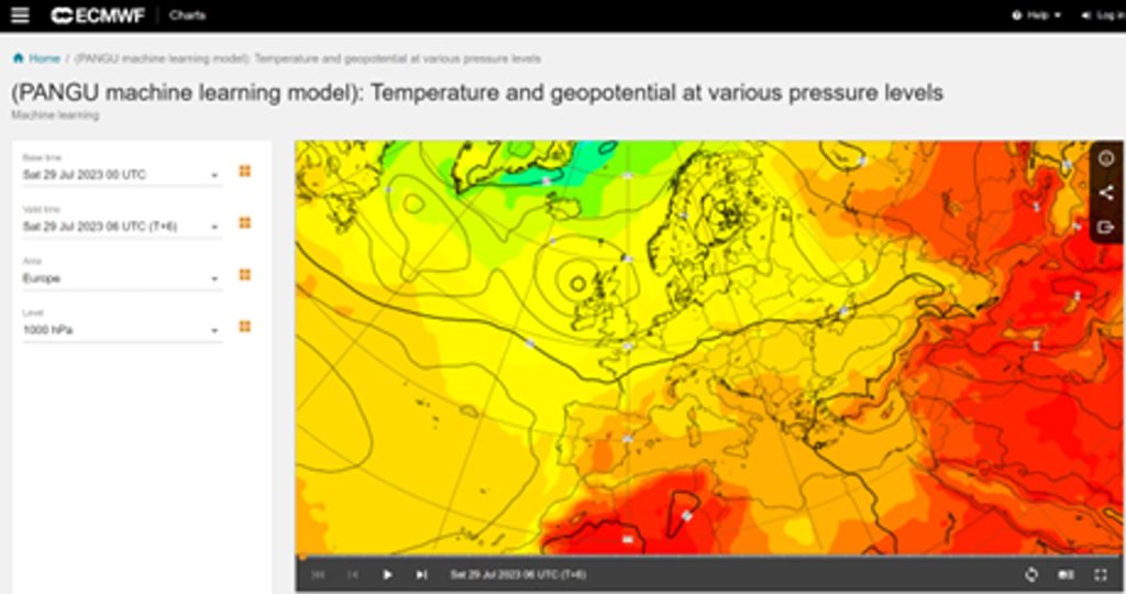 Webová stránka ECMWF zobrazuje predpovede počasia Pangu-Weather