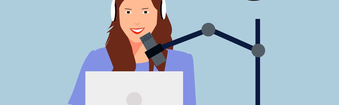 zena za notebookom s mikrofonom kresleny obrazok