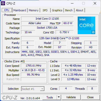 intel core i3-12100 cpu-z