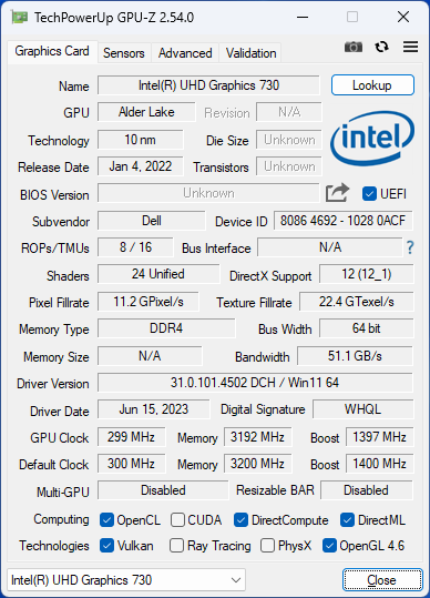 intel uhd graphics 730 gpu-z