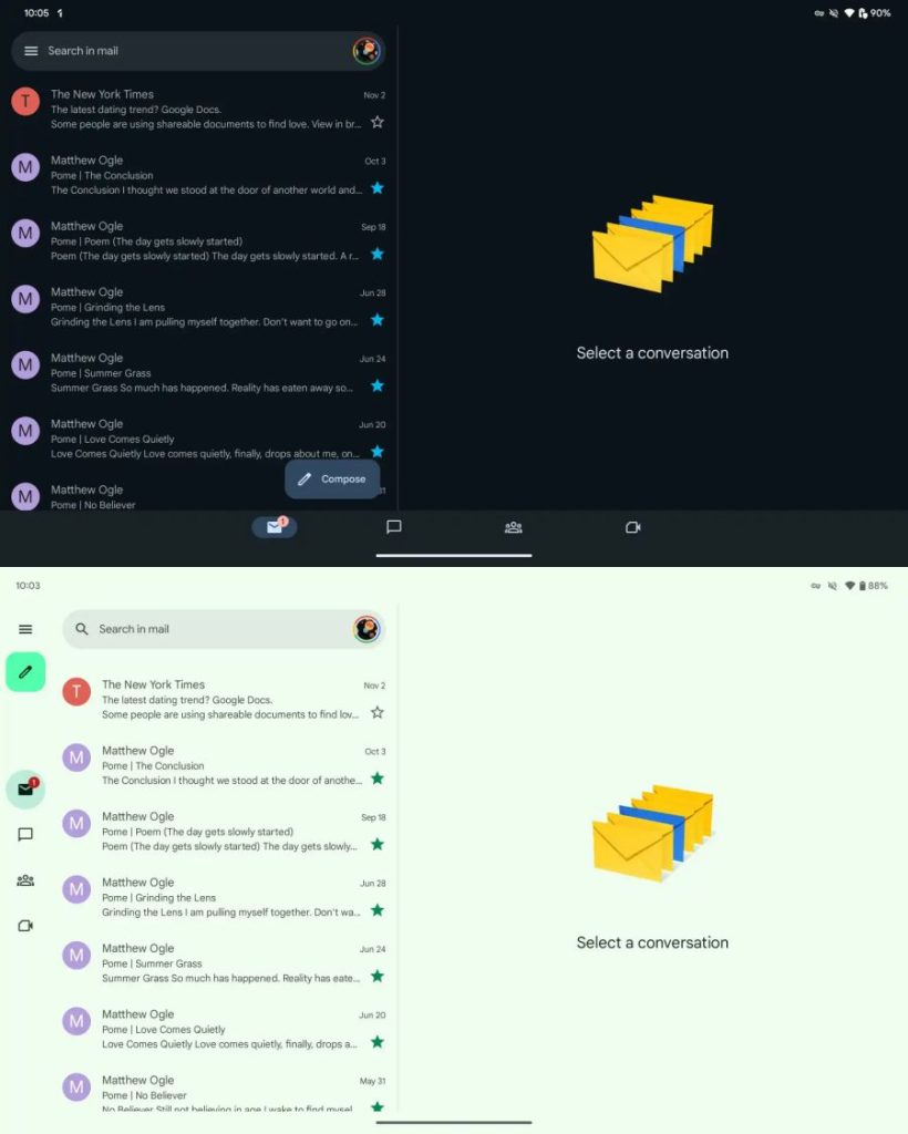 Pôvodný (hore) a vynovený (dole) dizajn aplikácie Gmail pre Android tablety