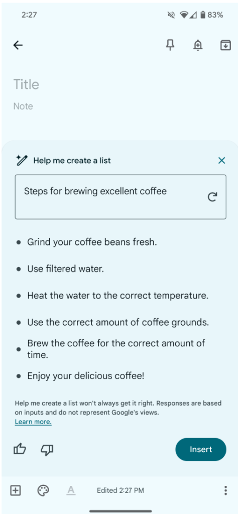 google keep s AI poznámkami