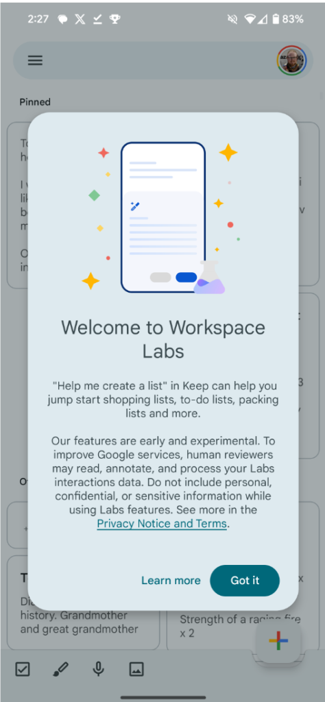 google keep s AI poznámkami