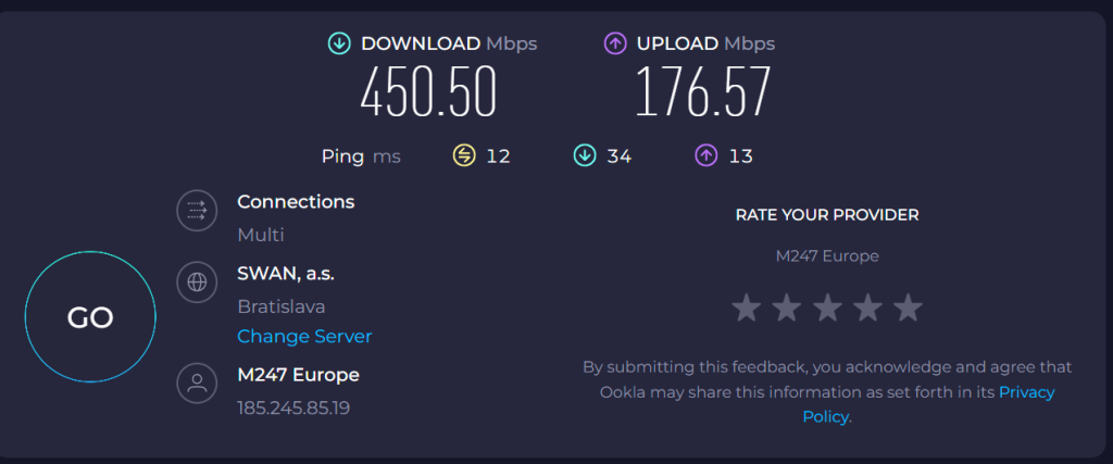 meranie rychlosti s pripojenim na rozne VPN servery cez aplikaciu ESET
