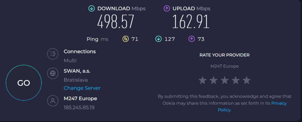 meranie rychlosti s pripojenim na rozne VPN servery cez aplikaciu ESET