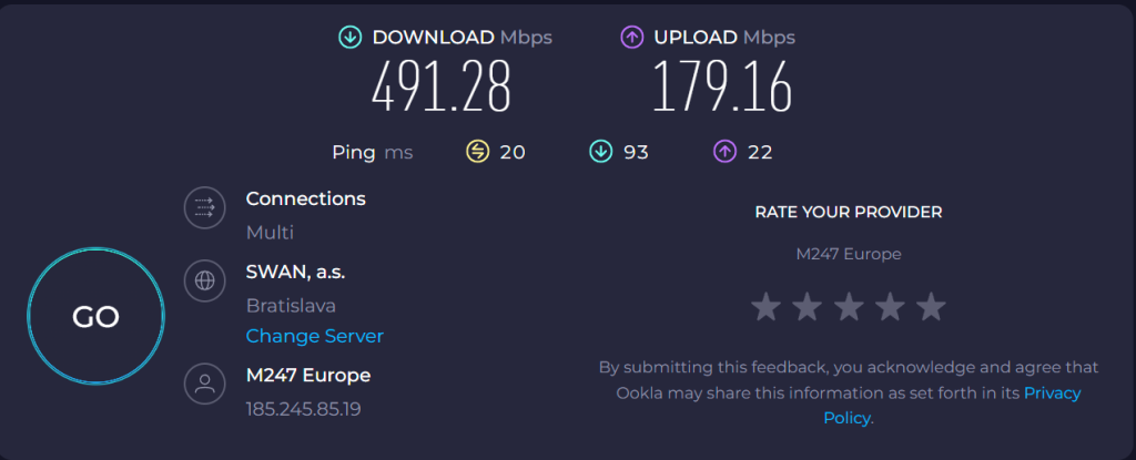 meranie rychlosti s pripojenim na rozne VPN servery cez aplikaciu ESET