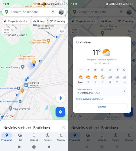 Google Mapy v Androide s počasím