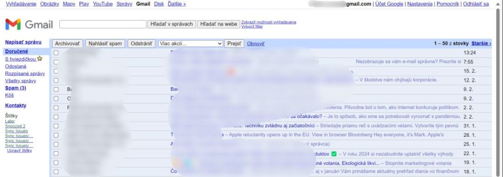 HTML zobrazenie služby Gmail