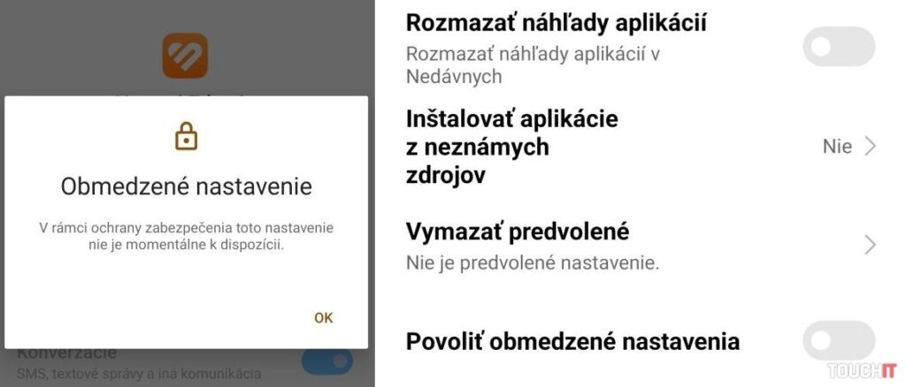 Keď vám aplikácia Huawei Zdravie vypisuje, že nemôžete aktivovať prístup k notifikáciám (vľavo), skontrolujte si obrazovku s jej nastaveniami a povoleniami a hľadajte nastavenie Povoliť obmedzené nastavenia (vpravo)
