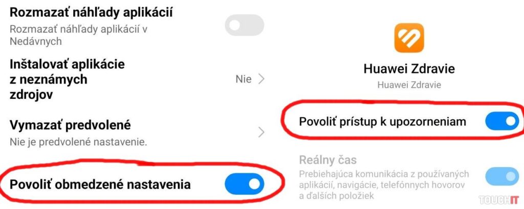 Po zapnutí nastavenia Povoliť obmedzené nastavenie (vľavo) je možné aktivovať prístup k notifikáciám (vpravo)